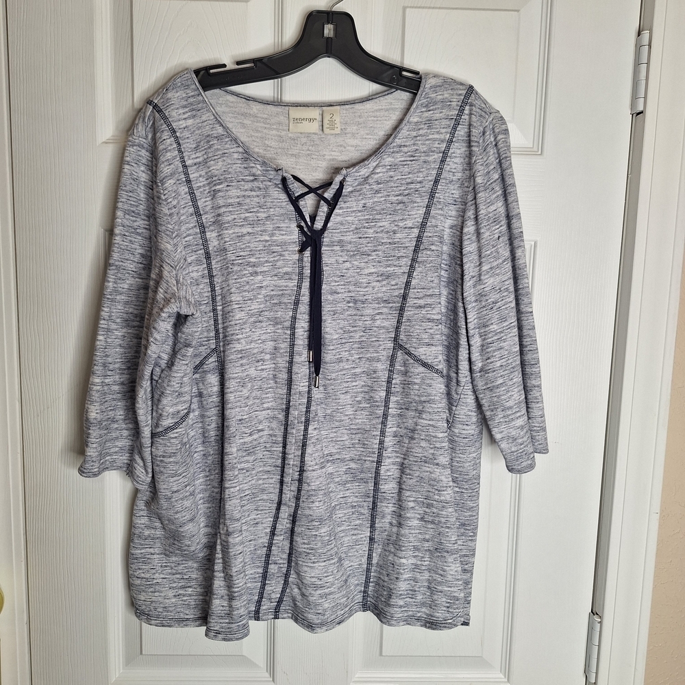 Zenergy By Chicos Women's Heathered Blue Lace-Up Blouse Size 2 Large